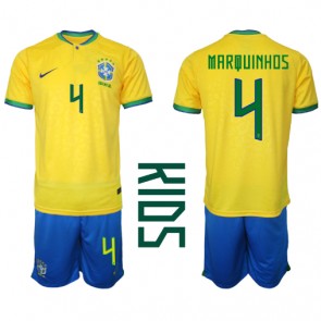 Lacne Dětský Futbalové dres Brazília Marquinhos #4 MS 2022 Krátky Rukáv - Domáci (+ trenírky)